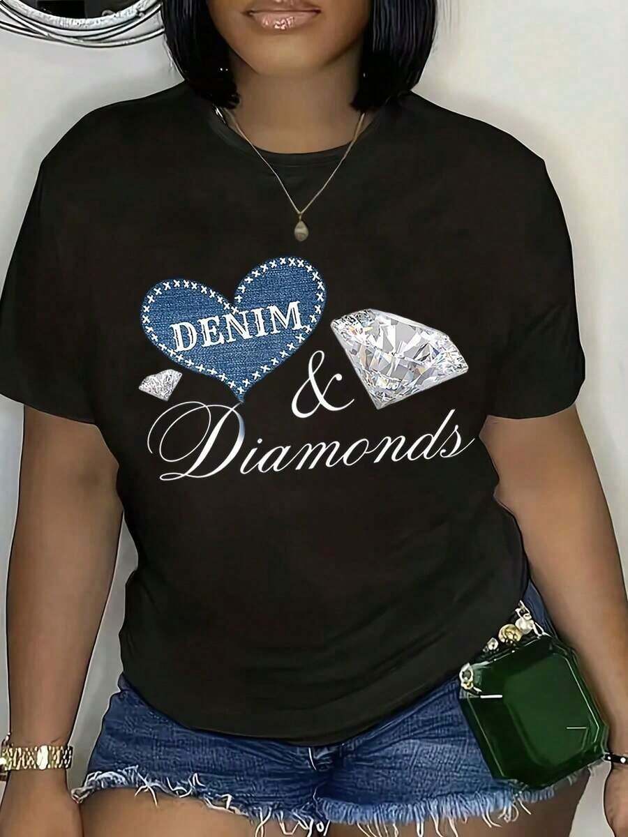 1 Piece Denim And Diamond Shirt, Denim And Pearl Shirt, Denim And Diamond Western Shirt, Glam Cowgirl Shirt, 180g 100% Cotton - 黑色 - 查看 1