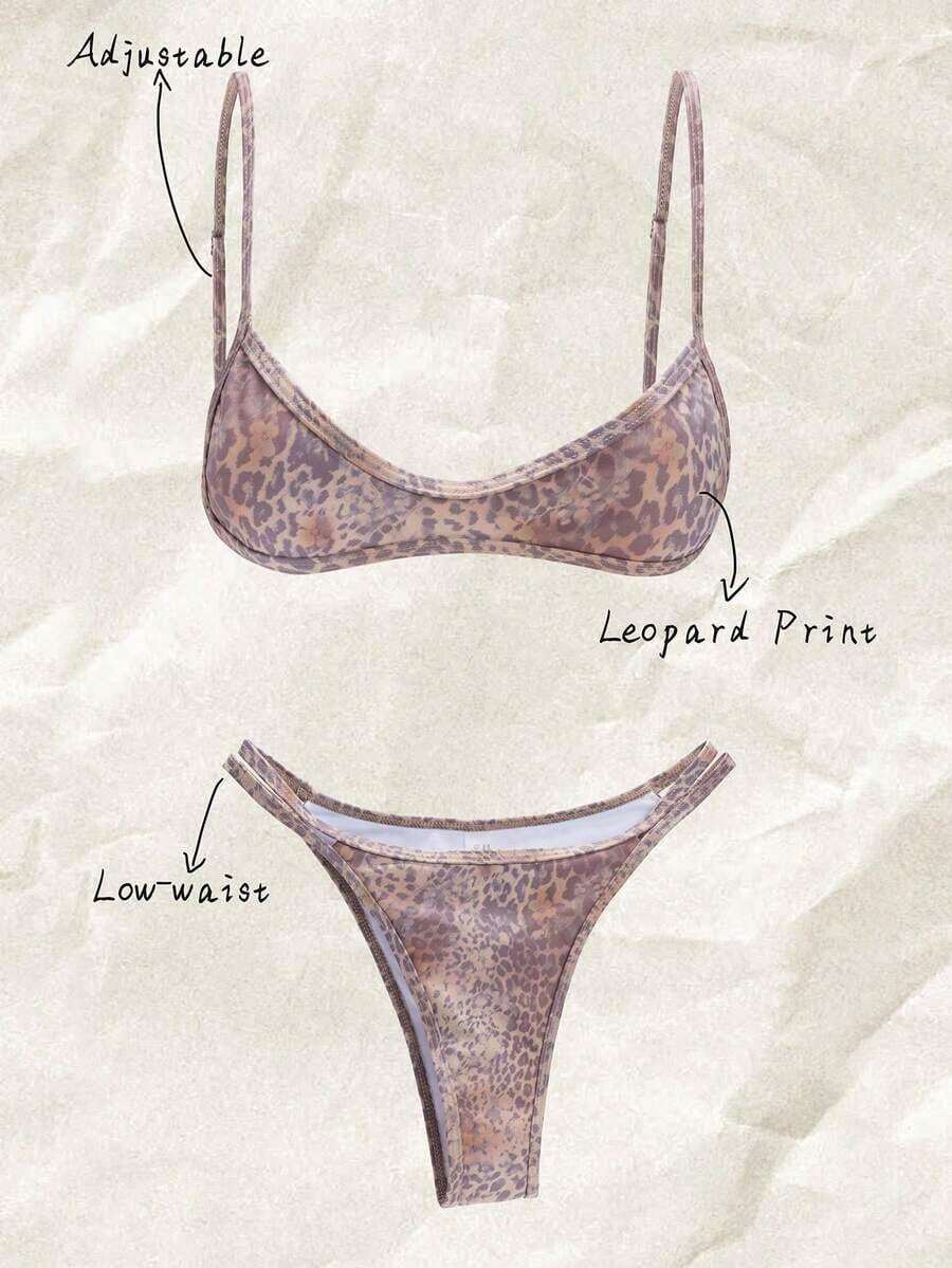 Set de 2 piezas Bikini de tirantes finos con estampado aleatorio para mujer, verano - Multicolor 6 - Ver 1