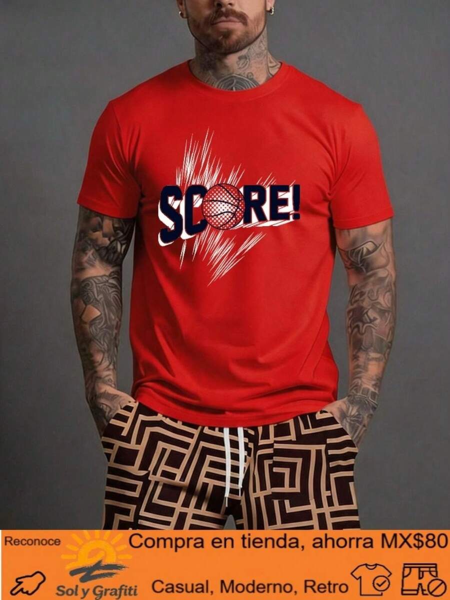 T-Shirt With 3D Digital Urban Print Showing A Basketball And The Word SCORE, Loose Short Sleeves, Casual Round Neck, Breathable, Modern Casual Cut, Ideal Sportswear For Daily Wear, Quick Drying, Machine Washable, Breathable Round Neck. - 紅色 - 查看 1