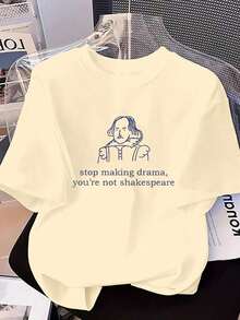 Women's T-Shirt With Funny Quote 2025 - "Stop Making Drama, You're Not" Graphic Tee, Casual Outdoor Wear, Black Summer - 卡其色 - 查看 6