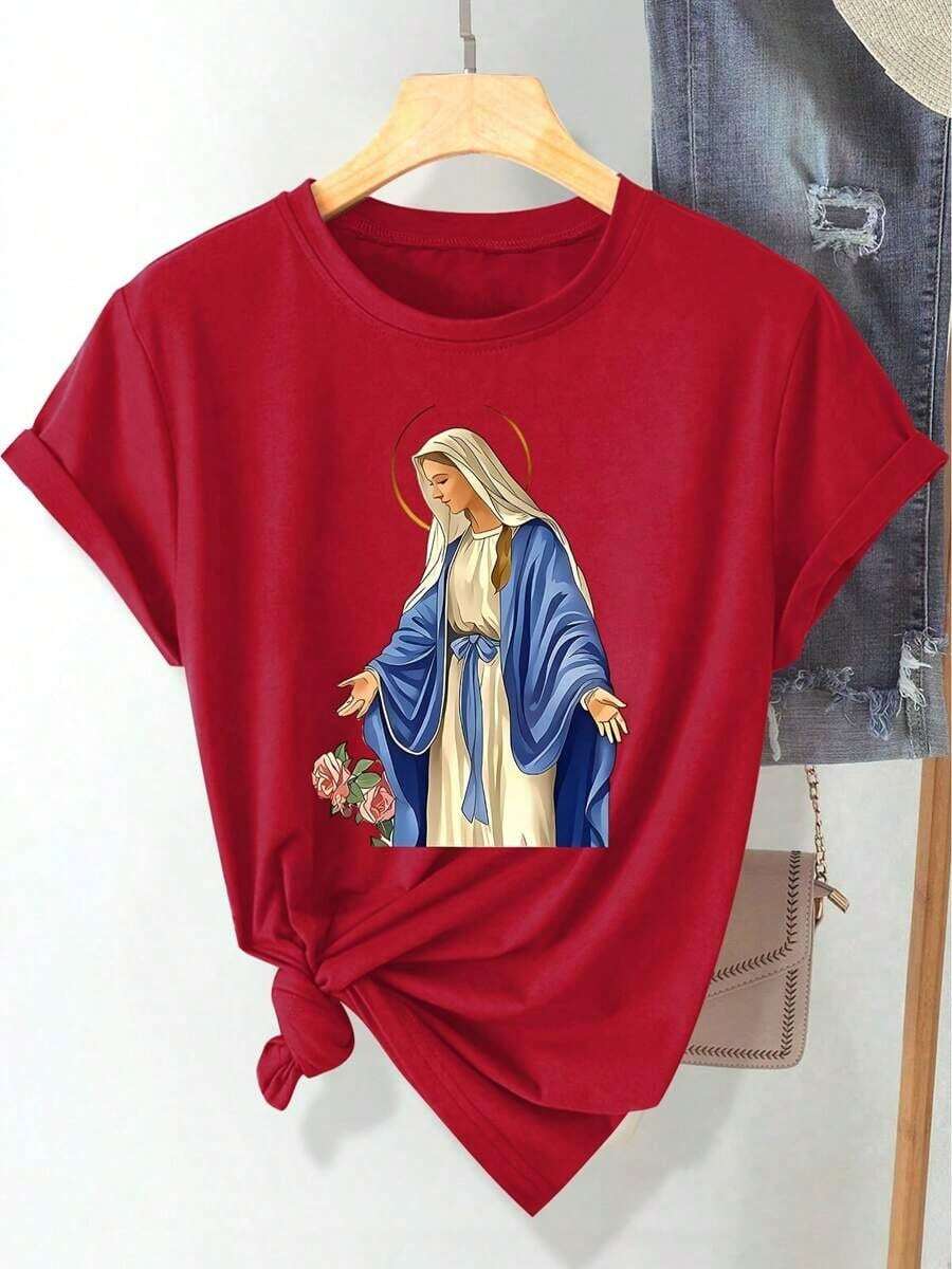 Women's T-Shirt With A Print Of The Virgin Mary Of Easter And Pink Roses, Fashionable And Elegant Casual Sporty Style For Spring, Summer And Autumn, Soft And Comfortable, Round Neck And Short Sleeve, Available In Sizes S-XXXL - [紅色的] - 查看 1