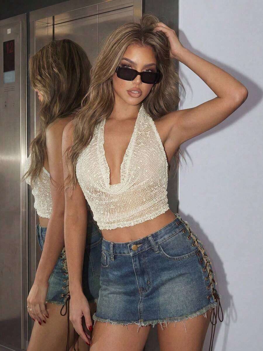Top halter corto y sexy sin espalda de unicolor con cuello drapeado sin mangas para mujer, estilo Y2K para salir en verano - Beis - Ver 1