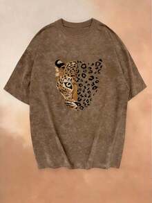 Nueva blusa de verano con estampado de cara de leopardo vintage, cuello redondo, teñido anudado y manga corta.Elegante y versátil para mujer. - Marrón 2 - Ver 6
