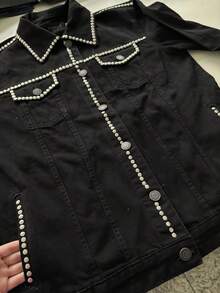 pthirillo Women's Black Denim Jacket, Maxi Oversized, Black Cotton Denim, Long Sleeve, Premium Style With Silver Studs, Casual, Loose Fit With Pockets, Cowboy Style, Sparkly And Rhinestone Embellishments. - 金屬釘 - 查看 5