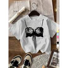 Camiseta gráfica de encaje estilo para mujer, cuello redondo oversize y manga corta, camiseta casual cómoda, ideal para el verano y salidas de fin de semana - Blanco - Ver 3