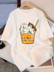Women's Short Sleeve T-Shirt With Round Neck And Loose Fit - Breathable Top For Everyday Summer Wear With Animated Ice Print (Non-See-Through Parts), Casual Loose Fit Blouse. - 白色 - 查看 1