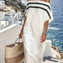 Casual Vacation Off-Shoulder Striped Loose Dress - Blanco - Ver 2