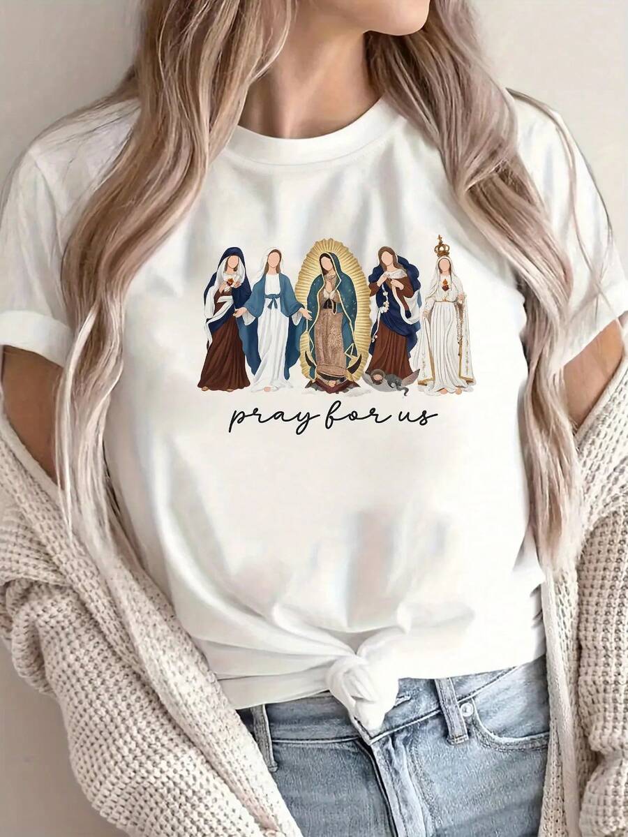 1 T-Shirt With Catholic Icon Of The Virgin Mary - Soft Cotton, Religious Clothing With "Pray For USA" Design, Short Sleeve And Crew Neck, Ideal For Church, Daily Wear And Events (Design Inspired By The Virgin Mary) - 白色 - 查看 1