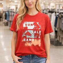 Women's Plus Size Graphic T-Shirt With Sun, Salt And Sand Print, Loose Fit Short Sleeve Cotton T-Shirt, Casual Summer Vacation Top, Vintage Palm Tree Print, Relaxed Crew Neck T-Shirt For Beach Outfits, Suitable For Spring, Summer And Autumn - 紅色 - 查看 7