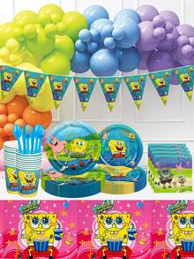 SpongeBob SquarePants SquarePants Series Birthday Party Set - Cartoon-Printed Triangular Flags, Dinner Plates, Paper Cups, Knives And Forks, Napkins, Tablecloth - All Included For A Complete Birthday Party Decoration Kit - Multiple Styles - View 2