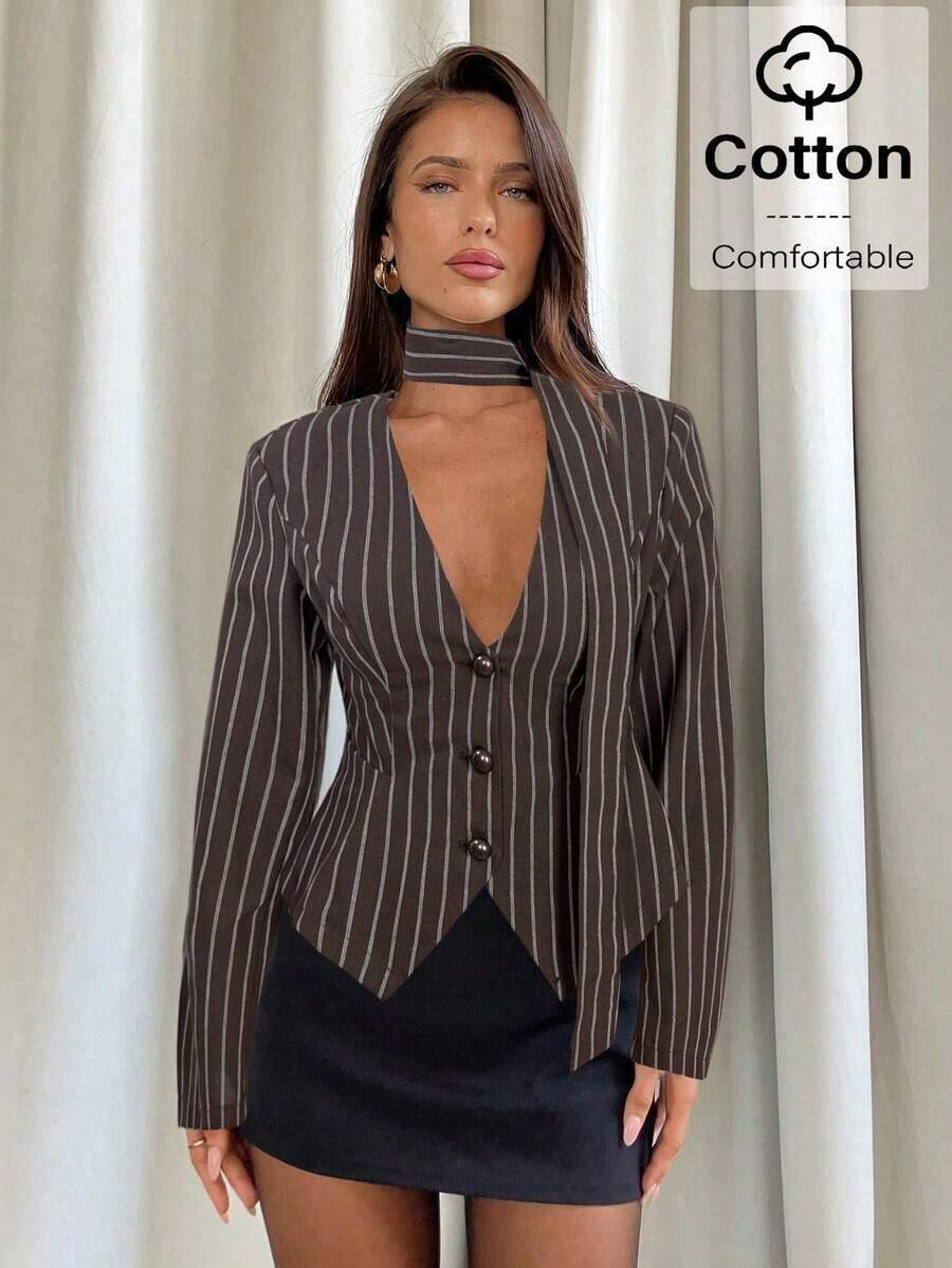 Chaqueta blazer de mujer con elegante estampado de lunares, adecuada para ir al trabajo - Marrón - Ver 1