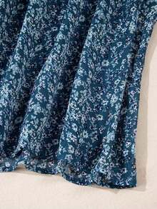 Acelitt Vestido de manga farol con frente fruncido y parches con estampado floral diminuto, elegante para vacaciones de primavera - Agua verde azul - Ver 9