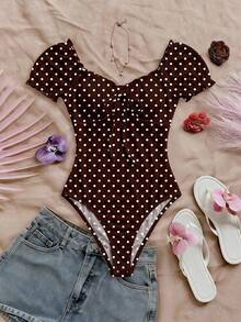 Body con estampado floral de hombros descubiertos ribete fruncido con nudo delantero pecho con fruncido - Multicolor 8 - Ver 6