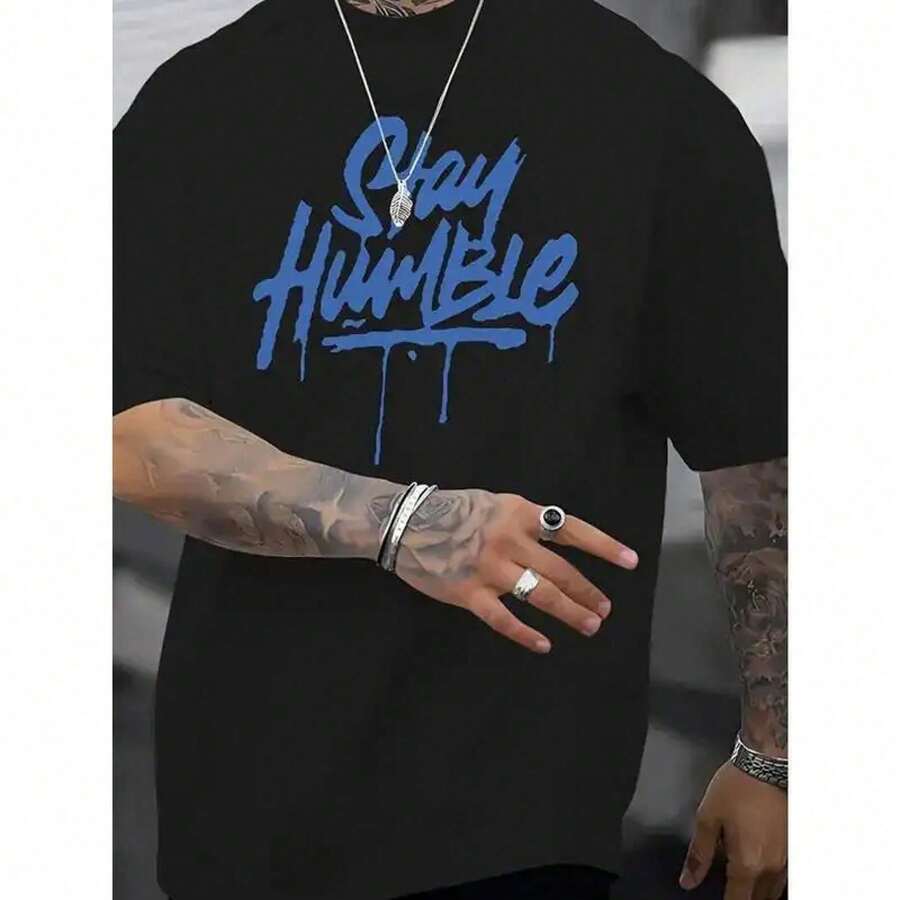 Camiseta de Algodón "Stay Humble" 1 pieza - Camiseta Casual para Hombre con Estampado de Letras, Manga Corta, Top de Verano, Camiseta Gráfica Novedosa, Camiseta Divertida, Camisetas Interiores, Ropa Casual Urbana, Clásica, Lisa, para Hombre y Mujer, de Al 4OH6 - Negro - Ver 1