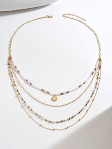 1pc Fashionable Multi-Layer Beaded Necklace, Versatile Daily Wear For Women - Pink - View 6