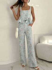 Conjunto casual primavera estilo europeo estampado con volantes elegante moda vacacional para mujer - Azul - Ver 4