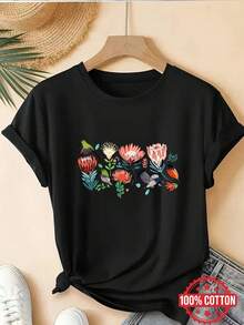 Todas las Flores de Protea y Aves con Acentos Brillantes y Vibrantes, Camiseta de Mujer de Cuello Redondo y Manga Corta Versátil - Negro - Ver 6