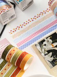 5 Rolls Washi Tape Set, Geometric Striped Grid Pattern Decorative Masking Tape For Scrapbooking Journaling, Bullet Journal Planner Decoration, DIY Craft Stationery Supplies, Decorative Adhesive Art Tape - Sets - View 11