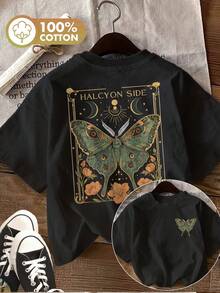 [Double-Sided Print] Women's Summer Casual T-Shirt, Vintage Style, Floral Moth Print HALCYON SIDE, Short Sleeve, Round Neck, Pure Cotton - Unisex Vintage Urban Style T-Shirt, Short Sleeve, Round Neck, Cotton, Blouses For Women. Blouses.Casual Blouses For Ladies. - 黑色 - 查看 1