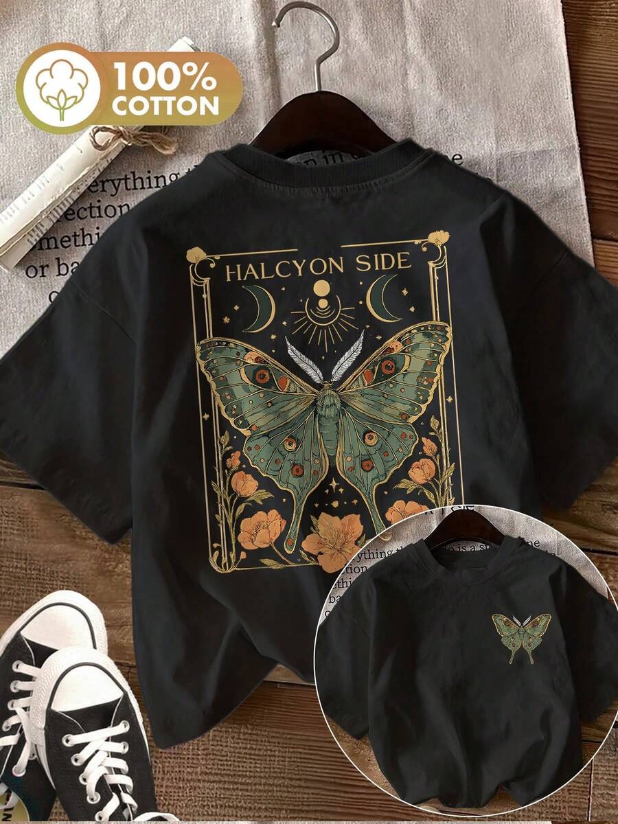 [Double-Sided Print] Women's Summer Casual T-Shirt, Vintage Style, Floral Moth Print HALCYON SIDE, Short Sleeve, Round Neck, Pure Cotton - Unisex Vintage Urban Style T-Shirt, Short Sleeve, Round Neck, Cotton, Blouses For Women. Blouses.Casual Blouses For Ladies. - 黑色 - 查看 1