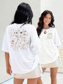 Flores secas y delicadas se entrelazan en un diseño sutil y elegante camiseta de mujer 100% algodón que evoca la belleza efímera de la naturaleza en tonos neutros.Suitable for spring, summer and autumn - Blanco - Ver 7