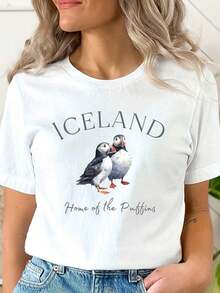 Modern Minimalist Short-Sleeved T-Shirt With Round Neck And Penguin Print For Casual Everyday Wear. - White - View 7