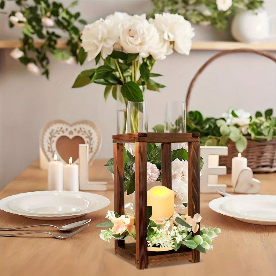 1pc Vintage Wooden Candle Lantern: Rustic Style Candle Lighting Decor, Suitable For Wedding, Christmas, Halloween, Thanksgiving, Birthday Party, Valentine's Day And Tabletop Decoration