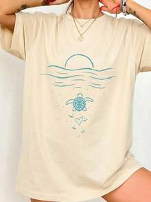 Women's Summer Colorful LOVE Letter Print Drop Shoulder Oversized T-Shirt, Casual Vacation Y2K Aesthetic Streetwear Graphic Tee, Breathable Loose Fit Top For Daily Wear, Beach Trip, Holiday Getaway, Weekend Hangout,  Retro Style Comfy Shirt For Viral Fashion Looks &  Outfit Ideas - 杏色 - 查看 3