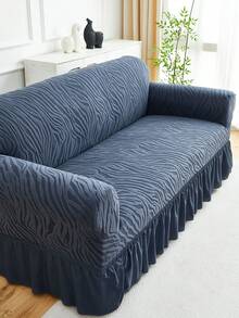 1pc Blue-Gray Plush Jacquard Ruffled Elastic Sofa Cover, Dust-Proof And Dirt-Resistant, Stretch Full Coverage Sofa Protector, Home Decor, Machine Washable, Pillow Cover Not Included - Teal Blue - View 3
