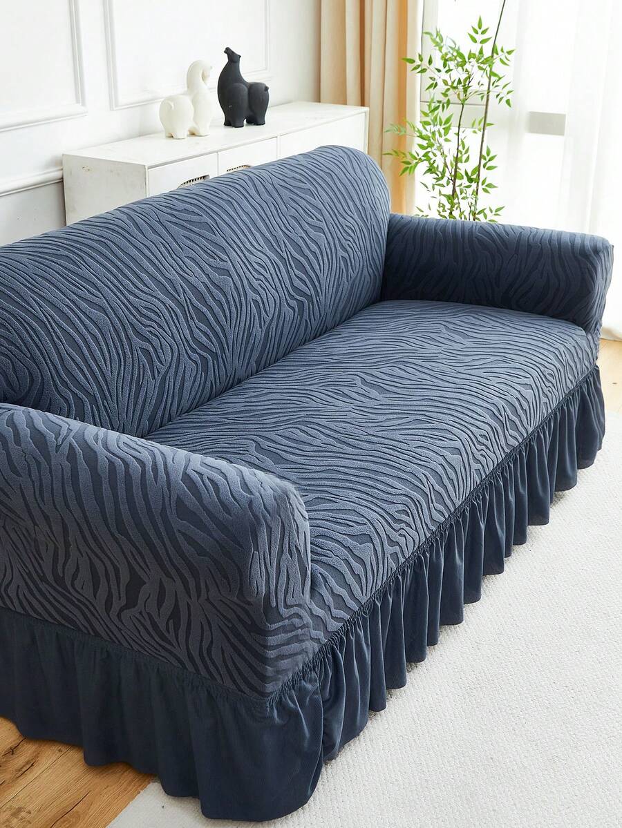 1 pieza Funda de sofá elástica con volantes de jacquard azul grisáceo, a prueba de polvo y resistente a la suciedad, protector de sofá de cobertura total elástica, decoración del hogar, lavable a máquina, funda de almohada no incluida - Agua verde azul - Ver 1
