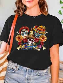 Women's Casual Short Sleeve T-Shirt With Mexican Skull And Flower Design - Round Neck, Ideal For Spring And Summer, Mexican T-Shirt - 黑色 - 查看 1