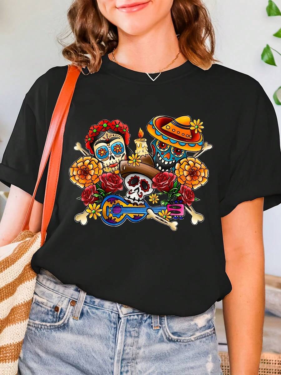 Women's Casual Short Sleeve T-Shirt With Mexican Skull And Flower Design - Round Neck, Ideal For Spring And Summer, Mexican T-Shirt - 黑色 - 查看 1
