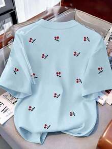 Women's Casual T-Shirt, Gray, New Summer Design, Round Neck, Sweet Cherry Print, Graphic Design, Student Style, Versatile Minimalist Fit, Suitable For Daily Wear, Outdoor Activities, Travel, Comfortable, Essential For Women - 藍白色 - 查看 2