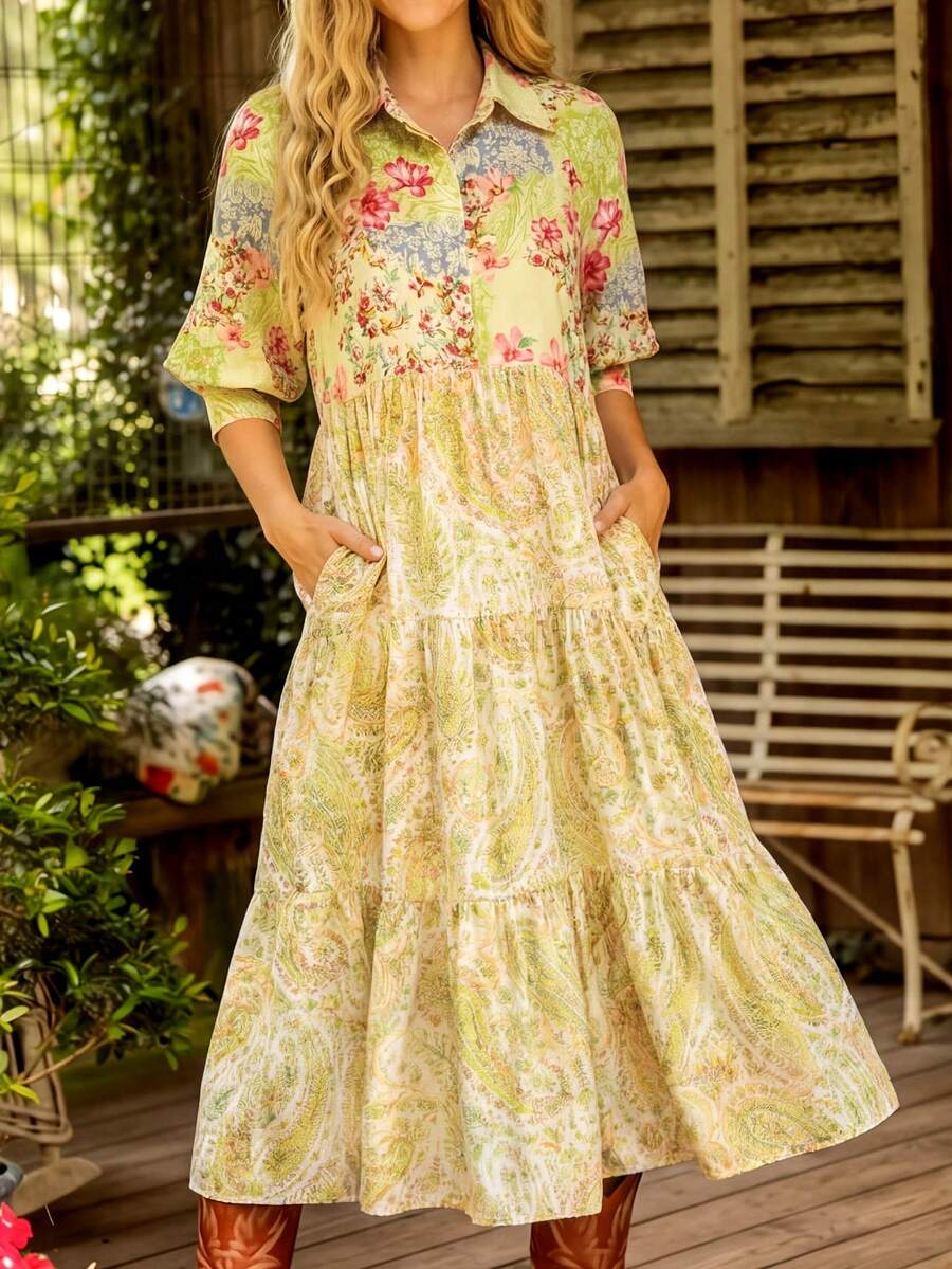 Đầm chữ A tay ngắn in họa tiết Paisley thanh lịch dành cho nữ, đầm sơ mi tay lửng cổ bẻ cài một hàng khuy có túi, thiết kế nhiều lớp, phong cách boho retro giản dị, đầm dự tiệc duyên dáng; đầm mùa hè đi nghỉ mát - màu xanh lá - Xem 1