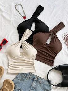 Blusa roja sexy con un solo hombro, de espalda abierta y calada, adecuada para vacaciones, festivales de música, estilo bohemio, ganchillo, lino, citas de verano - Multicolor - Ver 3