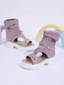 2026 New Style Children's Fashion Open-Toe Summer Boots Kids' Princess Style Glitter Purple Rivet Chunky Heel Sandals, Back Zipper Mid-Calf Boots - Lilac Purple - View 3