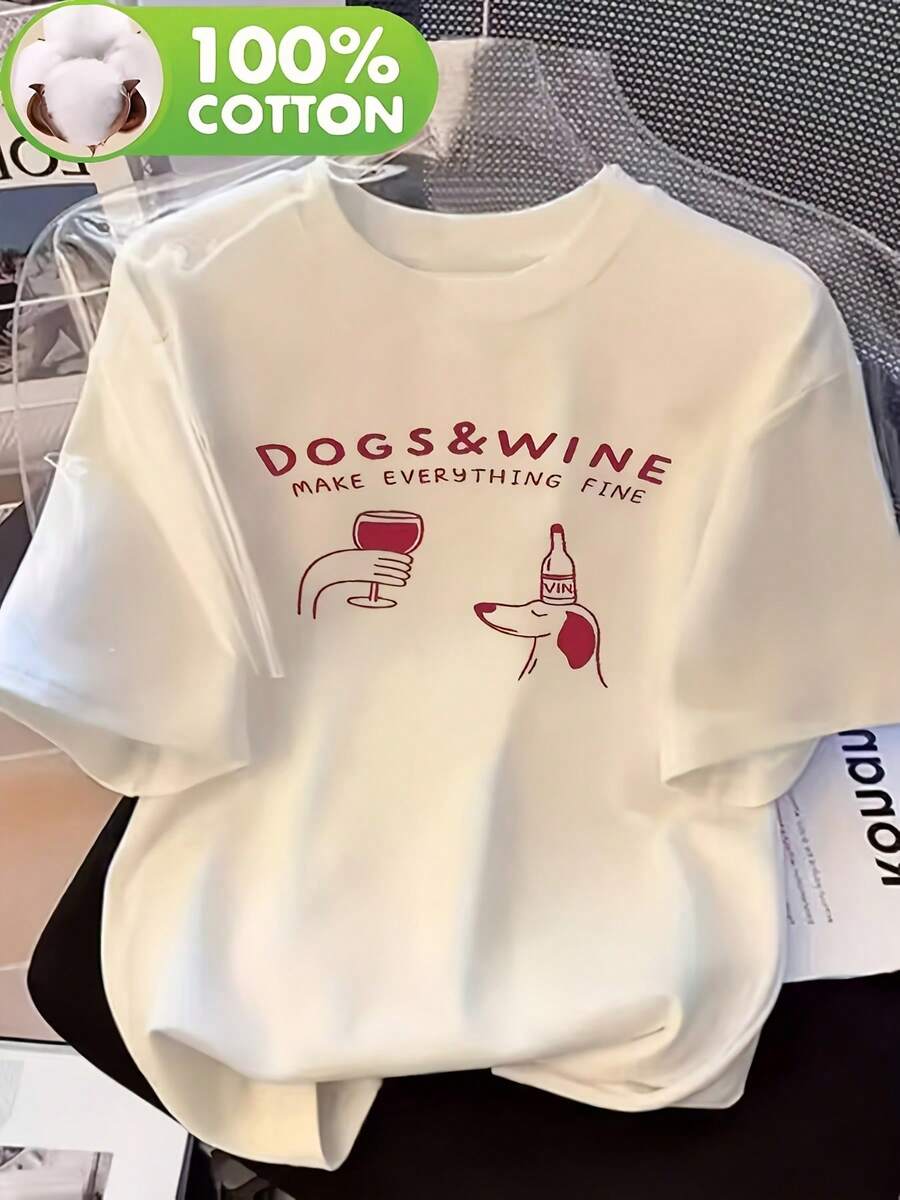 Comfortable Print. Women's Crew Neck T-Shirt With A Fun Print, Made From 100% Cotton; Features A Playful Design Of A Dog With A Wine Bottle; Comfortable And Breathable; Short-Sleeve T-Shirt For Women; Loose Fit With Dropped Shoulders; Casual Short-Sleeve Top For All Seasons; Soft Sleep Top For Women. Simple And Casual Summer Top. - 白色 - 查看 1
