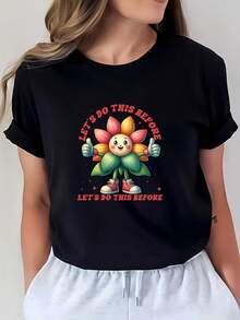 Fun Floral Print T-Shirt, Perfect For Family Gatherings And Company Team-Building Activities. | Lightweight 180g T-Shirt, A Great Choice For Summer Music Festivals And As A Gift. | Act Now, Seize The Moment! Cool Women's T-Shirt - Urban Vintage Style, Unisex, Loose Fit, Cotton, Short Sleeves, And Crew Neck. - 黑色 - 查看 1