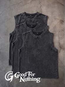 Oversized 3 Pieces Set With Sleeveless Top In Distressed Gray, Loose Fit Vintage Style, Suitable For Summer Casual Wear - Black - View 1