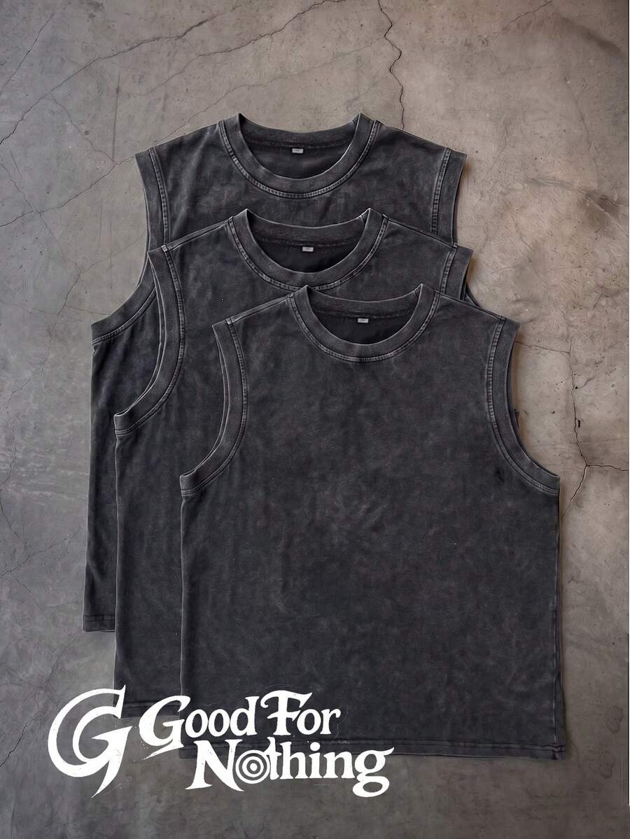 Oversized 3 Pieces Set With Sleeveless Top In Distressed Gray, Loose Fit Vintage Style, Suitable For Summer Casual Wear - Black - View 1