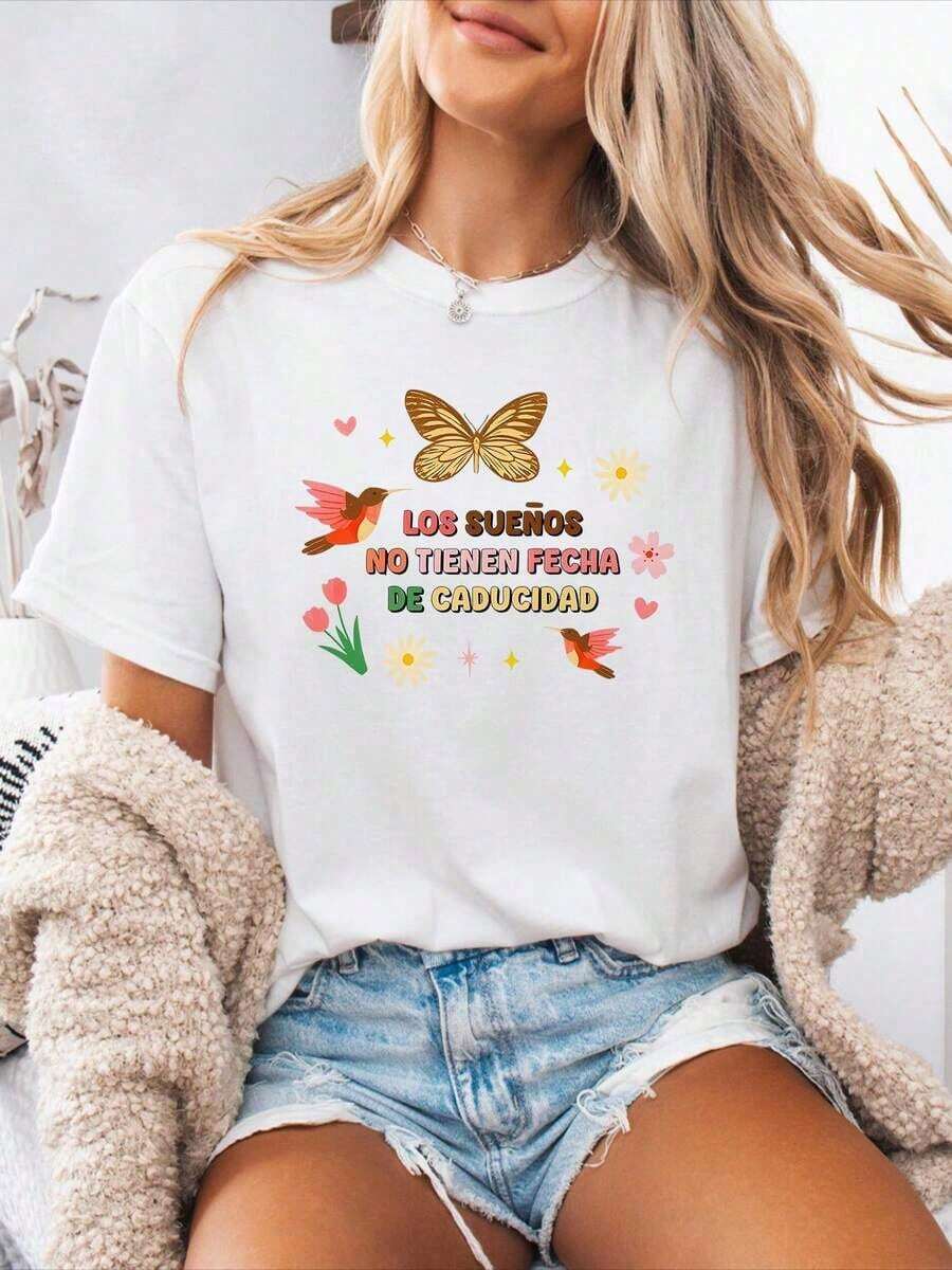 Soft 100% Cotton T-Shirt, 100% Pure Cotton, New Summer Style, Casual Short-Sleeve Crew Neck T-Shirt For Women, Spring/Summer, With Spanish Alphabet Print. | Medium Stretch Fabric. Machine Washable. A Great Gift For Family, Siblings, Friends, Parents, Or Teachers. Breathable Cotton T-Shirt, Goes With Everything. - 白色 - 查看 1