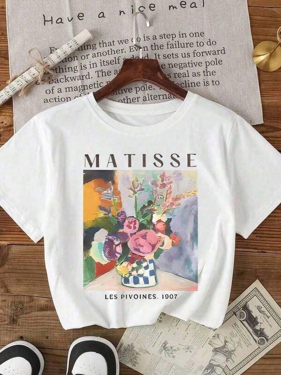 1 Piece Women's Vintage Casual Floral Print T-Shirt Inspired By Matisse's Modern Classical Painting "Les Pivoines", Size S-3XL For Women, Summer, 180g, 100% Cotton - 白色 - 查看 1