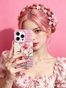 1pc Fashionable Personalized Pink Lily, Polka Dot, Striped, Plaid Pattern Liquid Silicone Shockproof Anti-Fingerprint Phone Case, Compatible With IPhone 17/16/16Pro/16Plus/15/15ProMax/15Pro/11/12/13/14ProMax/11Pro/11ProMax/12Pro/12ProMax/13Pro/13ProMax/14Pro/14ProMax, Elegant Soft Cover - Multicolor - View 2