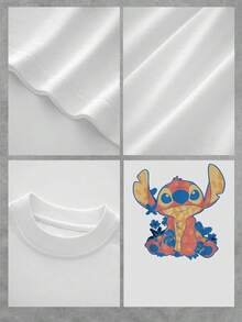 Colorful Image Of A Blue Character With Large Ears Surrounded By Tropical Flowers Conveying A Cheerful And Summery Feeling, Ideal For A Relaxed Casual Women's T-Shirt Look - 白色 - 查看 4