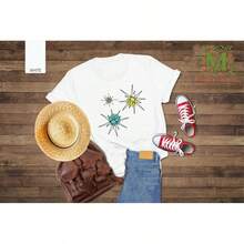 Vintage T-Shirt With Franciscan Sunburst Print, Mid-Century Atomic Sunburst T-Shirt, Space Age Design T-Shirt, Modern American Shirt, Women's Blouses > Shirt Blouses For Ladies - 白色 - 查看 7