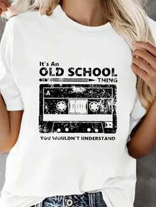 Women's Casual Short-Sleeved T-Shirt With Magnetic Tape Print And Round Neck - 白色的 - 查看 7