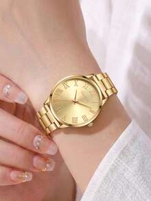 1pc Fashionable Elegant Minimalist Roman Numeral Retro Dial Women's Quartz Watch, Suitable For Daily Wear, Party Decoration Or As A Gift For Friends And Mothers On Occasions Like Valentine's Day, Mother's Day, Birthday, Anniversary - Gold - View 5