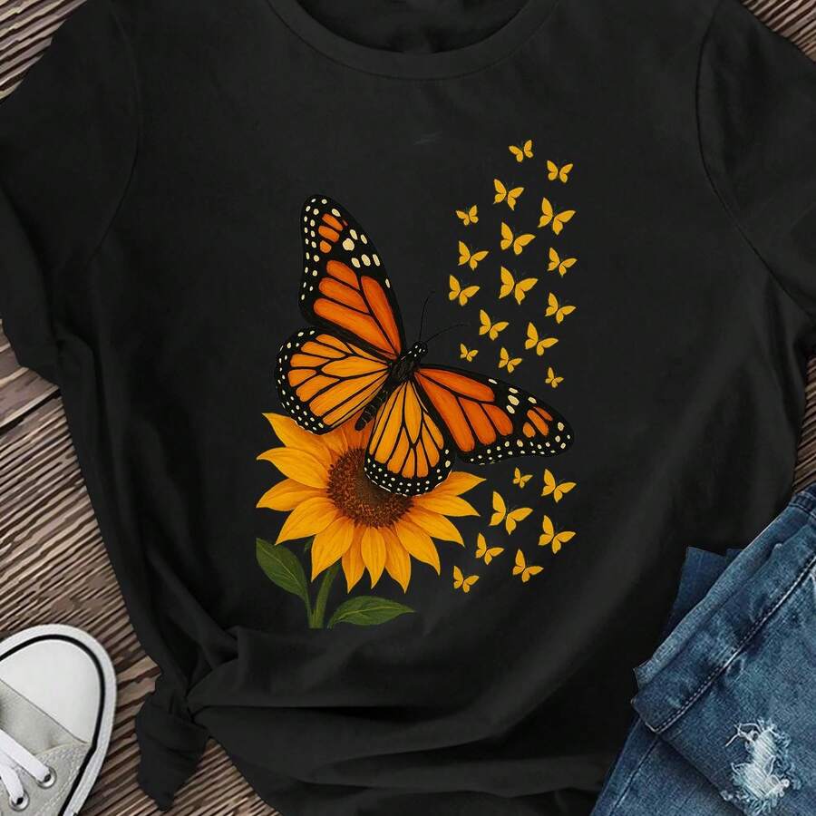 Women's T-Shirt With Colorful Butterflies, Women's Summer Clothing, Casual Short-Sleeved Round Neck Top For Spring And Summer, Casual Short-Sleeved T-Shirt, Regular Length, Casual Short-Sleeved T-Shirt For Spring And Summer. - 黑色 - 查看 1