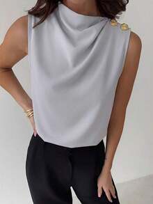 Camisa de oficina blanca sin mangas con cuello plisado asimétrico y botones metálicos, elegante y versátil para el uso diario, primavera/verano - Gris Claro - Ver 5