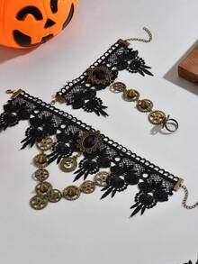 1套3件裝深色哥德風蕾絲齒輪項鍊與手指手鍊珠寶套組，適合女性萬聖節派對穿搭，個性化搭配飾品，節日禮物 - 黑色 - 查看 7